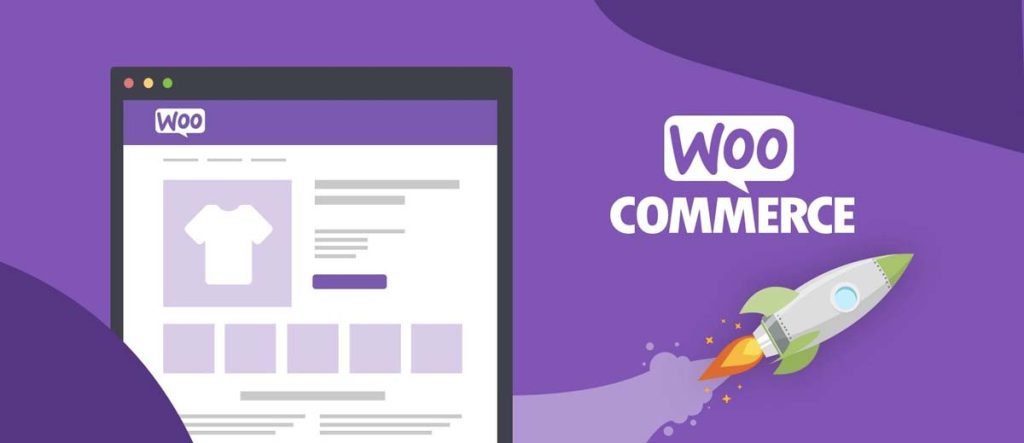 WooCommerce logo next to cartoon webpage example and flying rocket to add excitement. 